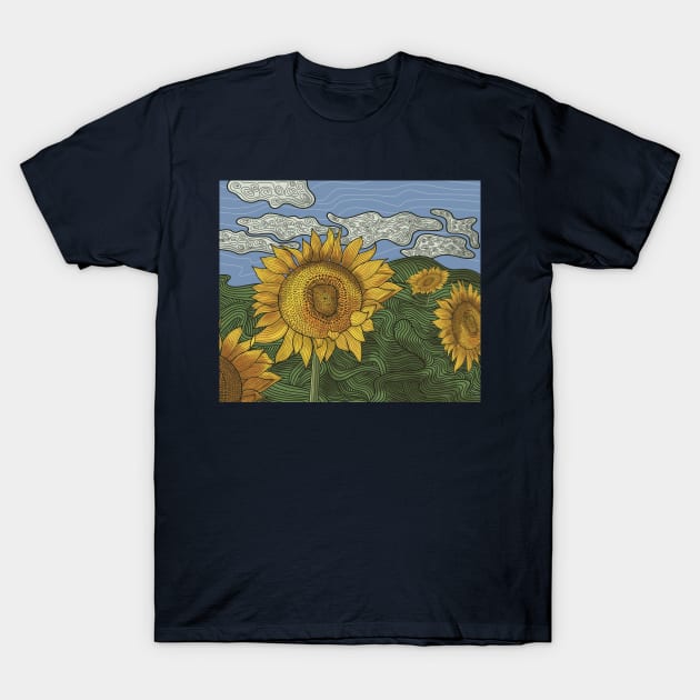 Sunflowers Landscape Colorful Line art T-Shirt by WalkSimplyArt